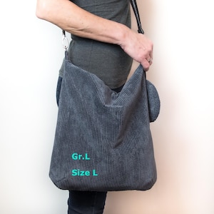 Cordtasche zum Umhängen, graublau, Shopper Cord mit Reißverschluss, Cord Beutel mit Innenfächer