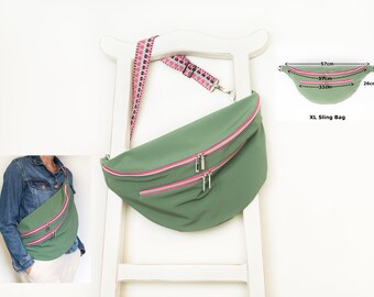 Oversize belly bag, sling bag, lime green pink, versatile crossbody bag made of softshell