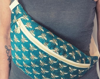 Fanny pack tapestry bees, hip bag turquoise, unusual hip bag brocade