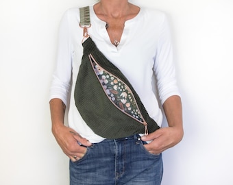 Corduroy fanny pack in forest green, crossbody bag in olive green and rose gold, hip bag in camouflage