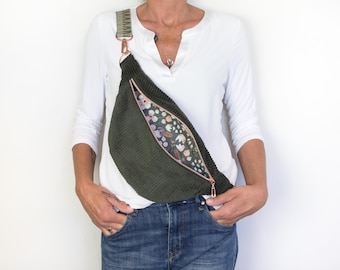 Bum bag corduroy forest green, crossbody bag olive green, rose gold, hip bag in camouflage