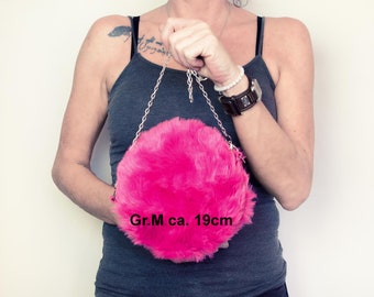 Round fur bag, small shoulder bag, round bag with fur look, many colors, cozy clutch with chain or webbing