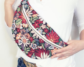 Sac ceinture tapisserie, sac crossbody coloré, sac fleuri insolite