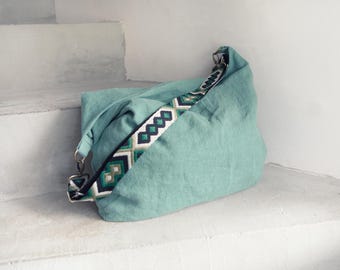 Linen shoulder bag, basil green – stonewashed linen crossbody/shopper, zipper or magnetic closure, M/L/XL, handmade