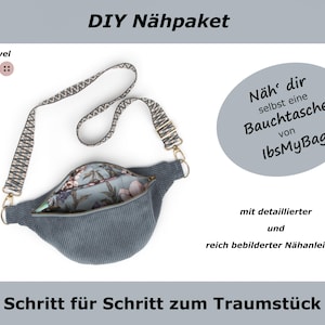 Peut inclure: Kit de couture DIY pour une banane en velours côtelé gris avec une doublure florale et une sangle à motifs. Le kit comprend des instructions détaillées pour coudre le sac. "Näh' dir selbst eine Bauchtasche von IbsMyBag" est écrit en allemand sur l'image.