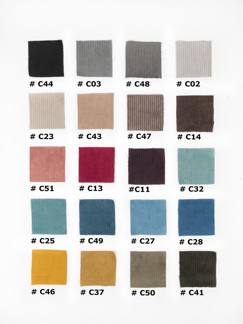 May include: A selection of corduroy fabric samples in a range of colours, including black, grey, beige, brown, pink, red, teal, blue, and yellow. Each swatch is labelled with a unique code, such as #C44, #C03, and #C48.