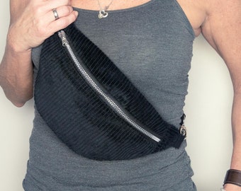 Corduroy belly bag, black hip bag, three sizes, stylish BumBag, fanny pack with interchangeable strap