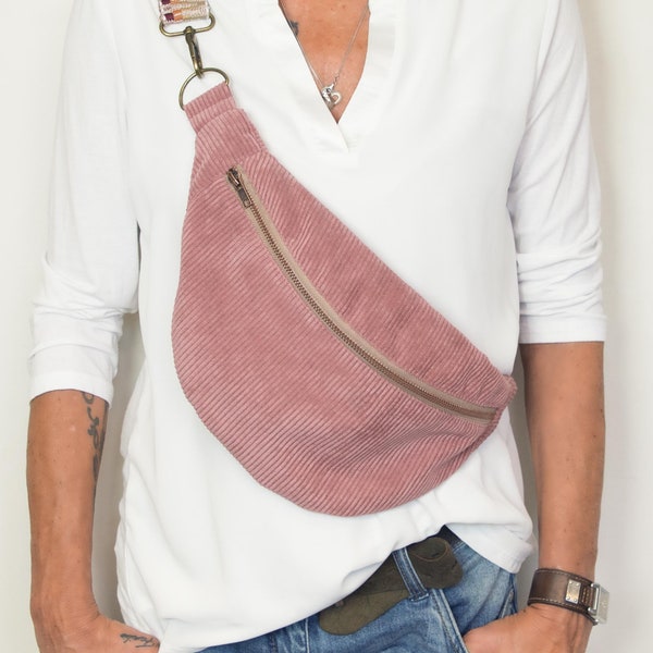 Riñonera de pana rosa viejo, bolso de cadera de alta calidad, bolso bandolera minimalista