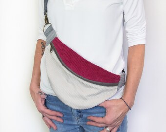 Bauchtasche Cord, Crossbody Tasche hellbeige, Color Blocking grau beige himbeer, Hüfttasche, stylische Fanny Pack