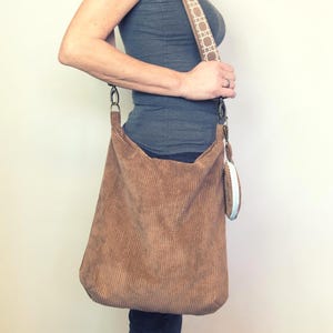Corduroy shoulder bag brown – Large hobo bag for women, handmade shoulder bag with patterned strap image 1