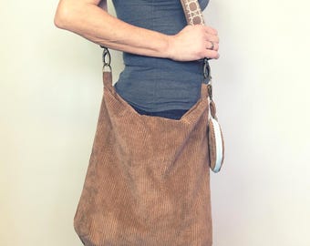 Corduroy shoulder bag brown – Large hobo bag for women, handmade shoulder bag with patterned strap