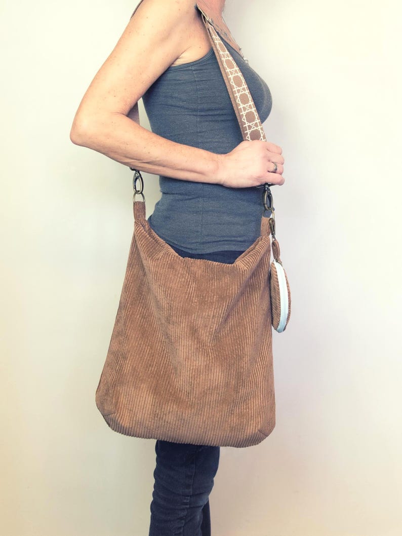 Corduroy shoulder bag brown – Large hobo bag for women, handmade shoulder bag with patterned strap image 1