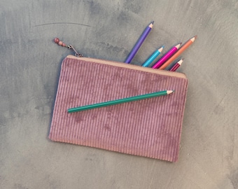 Étui à crayons en velours côtelé, vieux rose, étui à crayons, étui à crayons minimaliste, sac cosmétique plat