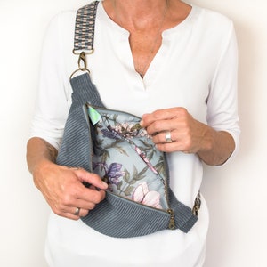 Bauchtasche Cord blaugrau, stahlblaue Crossbody Tasche, Hüfttasche blau