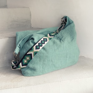 Leinentasche Basilikum-Grün, Shopper aus gewaschenem Leinen, Tasche in Knitteroptik