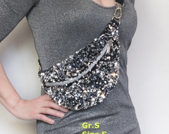 Bum bag sequins velvet, elegant sequin bag, hip bag silver as party bag, evening bag glitter