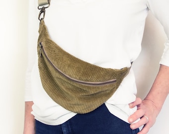 Corduroy belly bag, olive hip bag, stylish bum bag, brown-green crossbody bag