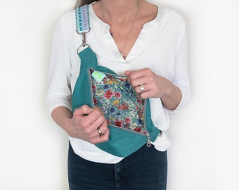 Linen belly bag turquoise, linen crossbody bag petrol