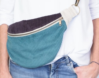 Corduroy belly bag, color blocking, crossbody bag petrol light beige purple, hip bag, trendy bum bag