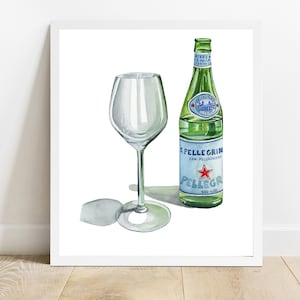 Illustration d'eau pétillante italienne San Pellegrino, oeuvre d'art de bouteille en verre, décoration de cuisine