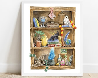 Wizarding School Watercolor Print, Painting Depicts Magical Creatures and items