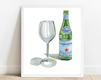 San Pellegrino Italian Sparkling Water Illustration, Glass Bottle Artwork, Kitchen Decor