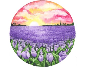 Tulip Field at Sunset Watercolor Painting - Print of Tulip Flower Fields, Botanical Art Illustration, Mother's Day, Size 8x10
