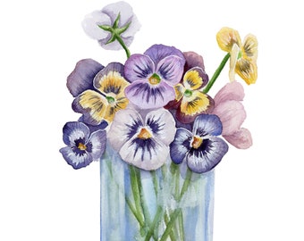 Pansies Original and Print Watercolor Painting, Flower Illustration, Botanical Flower Artwork