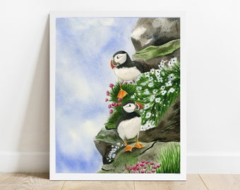 Print - Puffin Bird Watercolor, Puffin Illustration, Arctic Bird Wall Decor, Cute Puffin Print, Multiple Sizes