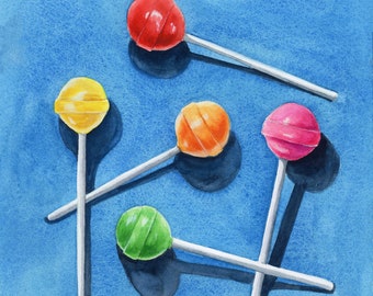May include: Five colorful lollipops with white sticks on a blue background. The lollipops are red, yellow, orange, pink, and green.