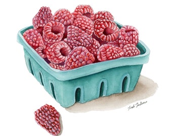 Raspberry Illustration Print, Watercolor Painting, Fruit Wall Art, Kitchen Decor