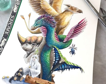 Original and Print - Wizarding School Watercolor Original Painting, Magical Creatures