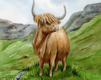 Highland Cow Original Watercolor Painting, Scottish Watercolor Illustration