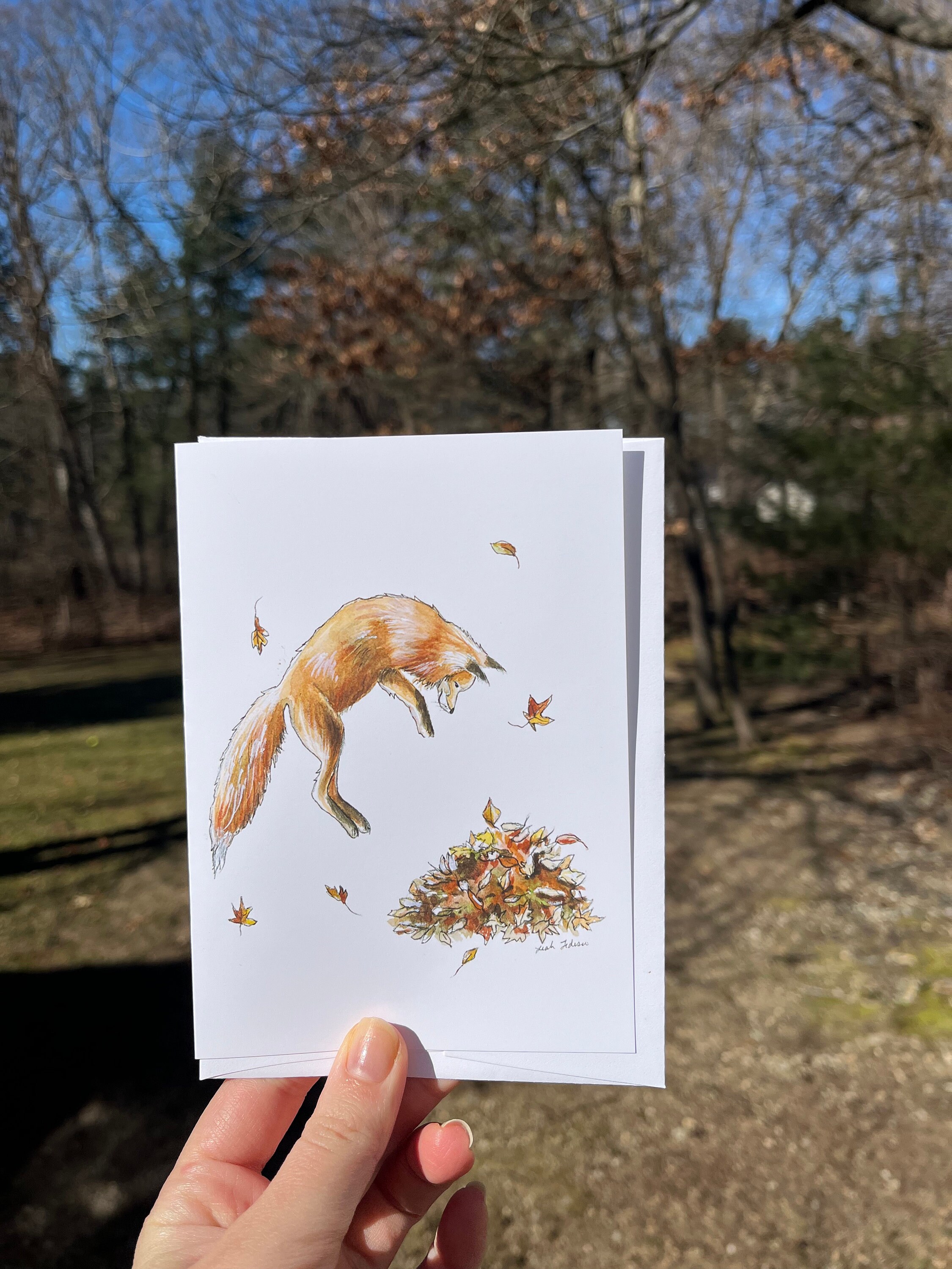 Pouncing Fox Illustration Greeting Card, Autumn Leaves - Etsy