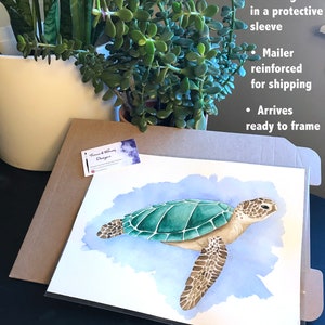 May include: Watercolor print of a sea turtle with a teal shell and tan flippers, set against a light blue watercolor wash. The artwork is packaged in a protective sleeve and arrives ready to frame. The text on the image says "All Artwork is: Packaged in a protective sleeve, Mailer reinforced for shipping, Arrives ready to frame."