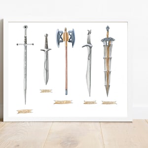 May include: A framed print featuring five watercolor illustrations of fantasy swords and a battle axe. Each weapon is depicted in detail with metallic and wooden elements. The names of the weapons are written below each illustration.