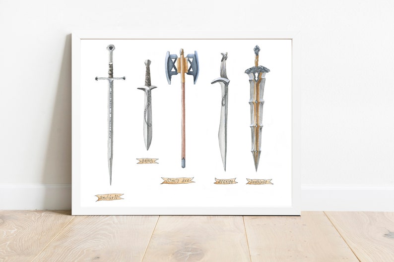 May include: A framed print featuring five watercolor illustrations of fantasy swords and a battle axe. Each weapon is depicted in detail with metallic and wooden elements. The names of the weapons are written below each illustration.