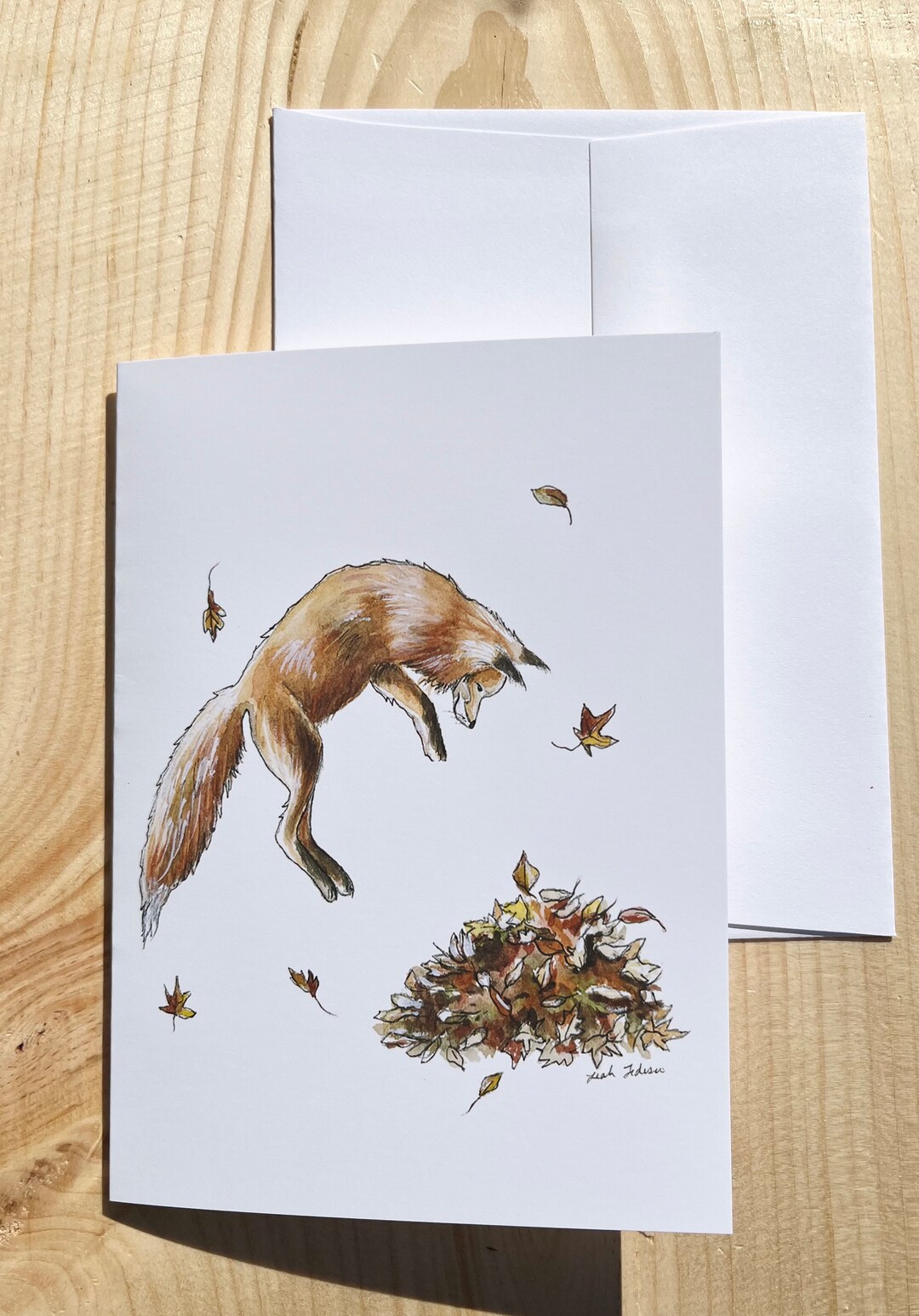 Pouncing Fox Illustration Greeting Card, Autumn Leaves - Etsy