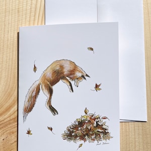 Pouncing Fox in Leaves Greeting Card, Fox Illustration, Blank Card and Stationary