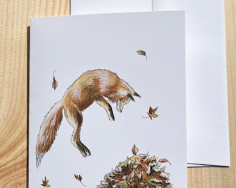 Pouncing Fox in Leaves Greeting Card, Fox Illustration, Blank Card and Stationary