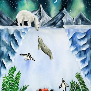 Polar Bear Watercolor Print, Galaxy Illustration, Arctic Nursery Decor, Multiple Sizes image 2