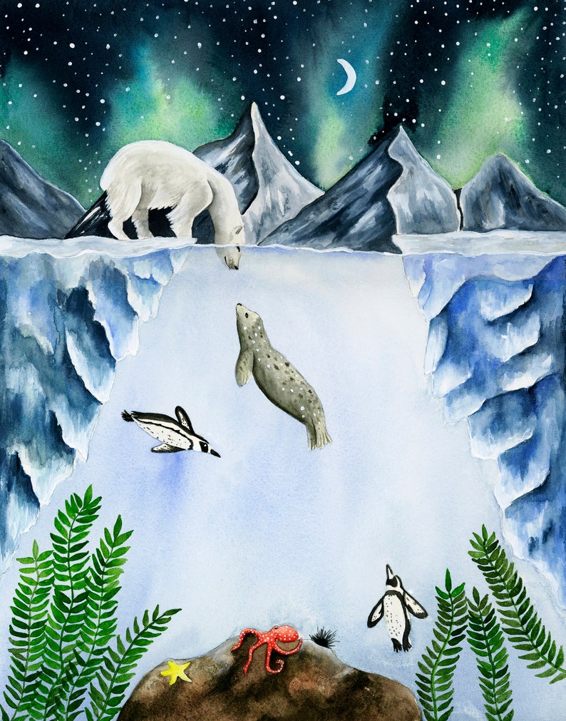 Polar Bear Watercolor Print, Galaxy Illustration, Arctic Nursery Decor, Multiple Sizes image 2