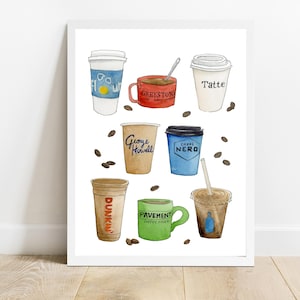 Boston Coffee Shops Watercolor Painting, Food Illustration, Coffee Bar Wall Decor