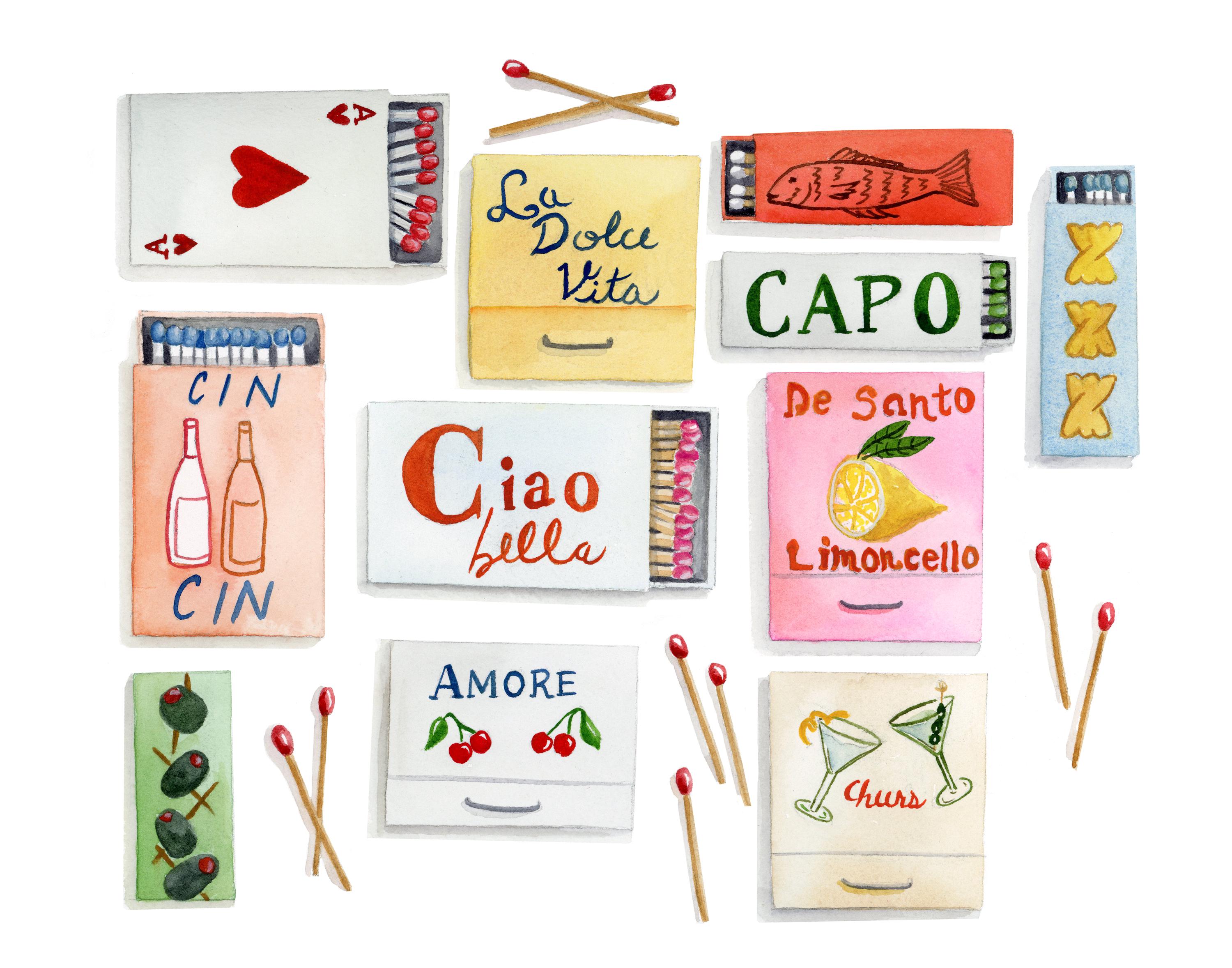 Matchbooks Watercolor Print, Italian Inspired Artwork