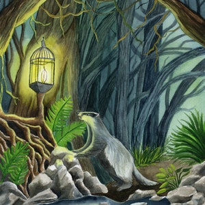 Foresta incantata e pittura dell'acquerello del tasso, illustrazione dell'acquerello del bosco stravagante