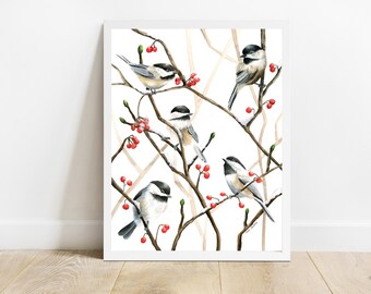 Chickadees Perched on Branches with Red Berries Print, Watercolor Giclee Print Bird Illustration, Nature Wall Art, Multiple Sizes