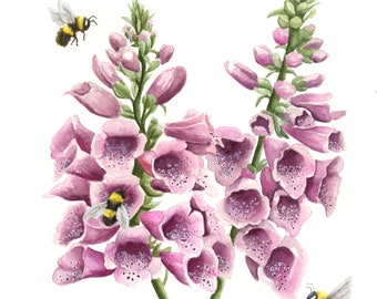 Original and Print Versions - Foxglove Flowers and Bees Watercolor Painting, Botanical Wall Art, Flower Painting, Bee Artwork, Size 8x10