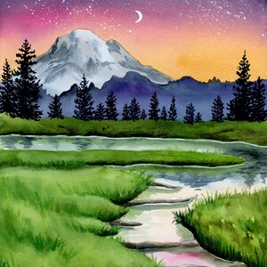 Mountain and River Landscape Print, Mountain Watercolor Painting
