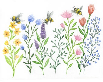 Wildflowers and Bees Watercolor Print, Botanical Illustration