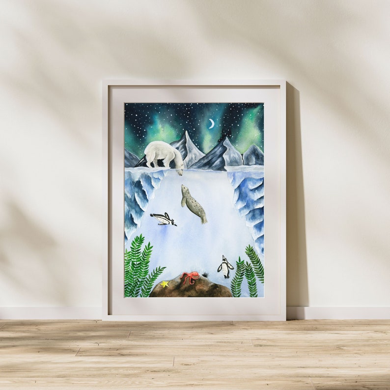 Polar Bear Watercolor Print, Galaxy Illustration, Arctic Nursery Decor, Multiple Sizes image 8